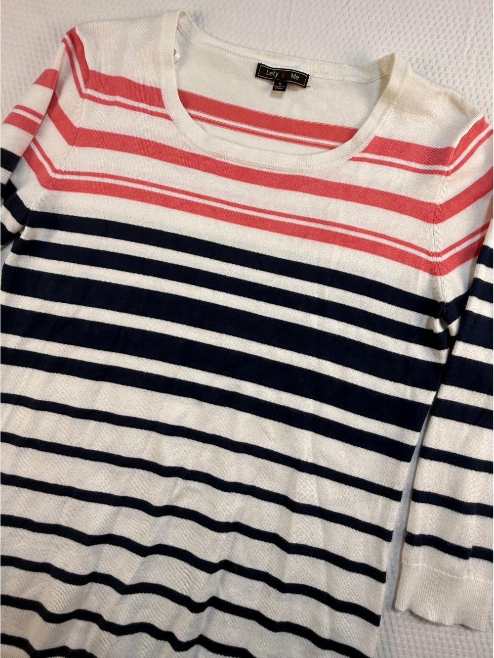 Lety & Me Womens Small Striped Pink Navy White 3/4 Sleeve Sweater Coastal Preppy